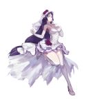  1girl breasts bridal_veil bride dress elbow_gloves fate/grand_order fate_(series) full_body garter_straps gloves hand_on_own_chest hisa_tobi_(s41229) large_breasts long_hair minamoto_no_raikou_(fate/grand_order) purple_hair simple_background solo thigh-highs veil very_long_hair violet_eyes wedding_dress white_background 