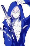  1boy 66_(roro) blade collarbone hair_between_eyes holding holding_weapon hood hoodie katana looking_at_viewer male_focus manbou_no_ane original pale_skin parted_lips pectorals pink_hair sheath sheathed shirtless solo sword upper_body weapon yellow_eyes 