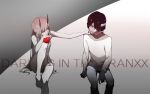 1boy 1girl apple bandage bandage_on_face bandaged_head bandaged_neck bangs barefoot black_hair breasts chenaze57 commentary_request couple darling_in_the_franxx eyebrows_visible_through_hair fingernails food fruit hair_over_breasts hand_on_another&#039;s_chin hetero highres hiro_(darling_in_the_franxx) holding holding_fruit horns large_breasts long_hair looking_at_another nail nude oni_horns pajamas pink_hair red_horns short_hair sitting zero_two_(darling_in_the_franxx) 