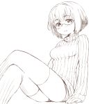  1girl breasts eyebrows_visible_through_hair glasses legs_crossed long_sleeves looking_at_viewer medium_breasts moru_(monaka) original parted_lips ribbed_sweater short_hair short_shorts shorts simple_background sitting sketch solo sweater thick_eyebrows thigh-highs turtleneck turtleneck_sweater white_background 