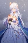  1girl absurdres anastasia_(fate/grand_order) artist_request blue_eyes crown dress eyebrows_visible_through_hair fate/grand_order fate_(series) grey_hair hair_between_eyes hair_ornament hair_over_one_eye hairband highres jewelry leaf_hair_ornament long_hair mini_crown necklace object_hug royal_robe snowing solo very_long_hair white_dress 
