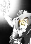  1girl animal_ears attacking_viewer bangs bow bowtie claws commentary fur_collar gloves glowing glowing_eyes greyscale grimace halftone highres jaguar_(kemono_friends) jaguar_ears jaguar_print kaya_(nari1-24) kemono_friends looking_at_viewer monochrome motion_blur print_gloves sharp_teeth shirt short_hair short_sleeves skirt solo spot_color standing teeth upper_body yellow_eyes 