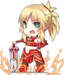  1girl :d armor bangs bare_shoulders black_legwear blonde_hair blush boots braid breastplate chibi commentary_request dated dreamusun eyebrows_visible_through_hair fang fate/apocrypha fate/grand_order fate_(series) fire green_eyes hand_on_hilt hand_on_hip long_hair mordred_(fate) mordred_(fate)_(all) navel open_mouth ponytail red_armor red_footwear sidelocks signature smile solo standing sword thigh-highs weapon white_background 