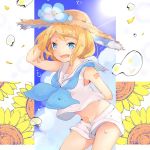  1girl :d alternate_color arched_back arm_behind_back arm_tattoo armpits ascot blonde_hair blue_eyes blue_flower blue_neckwear bubble crop_top flower hair_ornament hairclip hand_behind_head hand_on_own_head hand_on_own_headwear hat hibiscus holding holding_hat kagamine_rin leaning_forward lens_flare looking_at_viewer loose_clothes midriff navel number_tattoo open_mouth oyamada_(pi0v0jg) sailor_collar shirt short_hair shorts sleeveless sleeveless_shirt smile solo straw_hat summer sun sun_hat sunflower tattoo treble_clef vocaloid water_drop 