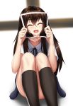  1girl black_legwear blurry closed_eyes commentary_request convenient_leg covering_face crying damao_yu depth_of_field highres kneehighs long_hair neck_ribbon open_mouth original photo_(object) ribbon school_uniform shirt sitting smile solo streaming_tears tears white_shirt 
