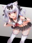  1girl :d anchor_choker animal_ears arm_ribbon azur_lane bangs bare_shoulders bent_over black_bow black_choker black_ribbon black_skirt blunt_bangs blush bow brown_eyes cat_ears choker collarbone cowboy_shot crop_top dress eyebrows_visible_through_hair fang frilled_legwear frilled_skirt frills hair_bow hands_on_hips highres looking_at_viewer manda_(manda9n) midriff miniskirt navel open_mouth outside_border pleated_skirt ribbon sailor_collar sailor_dress short_hair sidelocks silver_hair simple_background skirt sleeveless smile smug solo standing thigh-highs tsurime white_legwear yukikaze_(azur_lane) zettai_ryouiki 