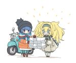  2girls blue_eyes blue_hair casual chibi commentary_request gambier_bay_(kantai_collection) gloves ground_vehicle kantai_collection long_hair makishima_azusa map messy_hair motor_vehicle motorcycle multiple_girls open_mouth red_eyes scarf shima_rin simple_background tears twintails white_background yurucamp 