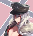  1girl azur_lane black_gloves breasts cleavage eyebrows_visible_through_hair eyes_visible_through_hair fur_trim gloves graf_zeppelin_(azur_lane) hair_between_eyes hand_on_own_face hat highres iron_cross kaede_momiji large_breasts long_hair looking_at_viewer military military_uniform parted_lips peaked_cap red_eyes silver_hair solo uniform upper_body 