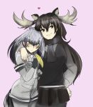  2girls animal_ears antlers arm_around_neck bangs bird_tail black_gloves black_hair blonde_hair blush bodystocking breast_pocket brown_eyes brown_hair closed_mouth collared_shirt couple eyebrows_visible_through_hair eyes_visible_through_hair fingerless_gloves fur_scarf gloves grey_hair grey_neckwear grey_shirt grey_shorts hair_between_eyes hand_on_hip hand_on_own_chest hands_up head_on_head heart highres jietou kemono_friends long_hair long_sleeves looking_down looking_to_the_side low_ponytail moose_(kemono_friends) moose_ears multicolored_hair multiple_girls necktie pink_background pocket scarf shirt shoebill_(kemono_friends) short_over_long_sleeves short_sleeves shorts side_ponytail silver_hair simple_background sketch skirt smile standing sweater tail upper_body yellow_eyes yuri 