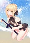  1girl absurdres arm_strap artoria_pendragon_(all) asura_(moepeach) bare_shoulders beach bikini black_bikini black_ribbon blonde_hair blush braid breasts dark_excalibur eyebrows_visible_through_hair fate/grand_order fate_(series) highres looking_at_viewer ribbon saber_alter short_hair small_breasts swimsuit torn_clothes torn_swimsuit water wet yellow_eyes 