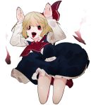  1girl black_skirt black_vest blonde_hair collared_shirt commentary_request fangs frilled_skirt frills full_body highres ikurauni jumping long_sleeves open_mouth red_eyes red_footwear red_neckwear rumia shirt short_hair skirt skirt_set solo touhou vest white_background white_shirt 