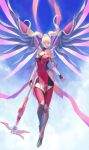  1girl alternate_costume alternate_hairstyle blonde_hair blue_sky closed_eyes fingerless_gloves gloves hair_ribbon highres mechanical_wings mercy_(overwatch) midair nail_polish overwatch phamoz pink_legwear pink_mercy pink_nails ribbon sky smile solo staff thigh-highs twintails wings 