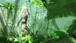  1girl android arm_up armlet black_gloves black_shorts branch elbow_gloves forest gloves highres holding holding_sword holding_weapon jungle leaf long_hair looking_at_viewer nature nier_(series) nier_automata outdoors pink_lips robot_joints san_tez short_shorts shorts silver_hair sunlight sword tank_top thigh-highs tree walking weapon yorha_type_a_no._2 