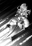  1girl animal_ears armor armored_dress bangs braid emphasis_lines foreshortening full_body gauntlets greaves greyscale halftone highres holding holding_weapon kaya_(nari1-24) kemono_friends long_hair long_sleeves looking_at_viewer monochrome muscle muscular_female polearm ponytail red_eyes rhinoceros_ears sidelocks solo spear spot_color standing twin_braids weapon white_rhinoceros_(kemono_friends) 