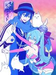  1boy 1girl aqua_eyes blue_eyes blue_hair bow disco_ball_hair_ornament fan hair_bow hat hatsune_miku japanese_clothes kaito kimono long_hair manbou_no_ane ooedo_julia_night_(vocaloid) scarf short_kimono twintails very_long_hair vocaloid 