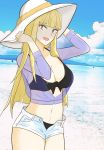  1girl beach bikini blonde_hair hat highres katou_asuka long_hair short_shorts shorts smile sun_hat swimsuit watashi_ga_motenai_no_wa_dou_kangaetemo_omaera_ga_warui! 