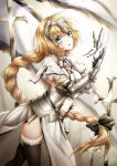  1girl armor armored_dress bambi_nano bangs black_bow black_legwear blonde_hair blue_eyes bow braid breasts bug butterfly capelet cleavage dress eyebrows_visible_through_hair fate/apocrypha fate_(series) floating_hair fur_trim gauntlets hair_between_eyes hair_bow highres insect jeanne_d&#039;arc_(fate) jeanne_d&#039;arc_(fate)_(all) long_hair looking_at_viewer medium_breasts open_mouth ponytail sideboob single_braid solo standing sword thigh-highs very_long_hair weapon white_capelet white_dress 