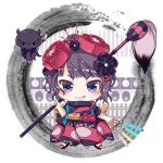  1girl animal bangs black_footwear black_kimono blush calligraphy_brush chibi commentary_request eyebrows_visible_through_hair fate/grand_order fate_(series) grin hair_bun hair_ornament holding holding_paintbrush ink itotin japanese_clothes katsushika_hokusai_(fate/grand_order) kimono long_sleeves looking_at_viewer obi octopus oversized_object paintbrush print_kimono purple_hair sash short_hair smile socks solo standing v-shaped_eyebrows violet_eyes white_legwear wide_sleeves 