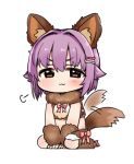  &gt;:3 1girl =3 animal_ears arm_warmers arms_between_legs bangs bone bow brown_eyes chibi dog_ears dog_tail fur hair_intakes hair_ornament hairpin idolmaster idolmaster_cinderella_girls koshimizu_sachiko leg_warmers midriff moru_(monaka) purple_hair short_hair simple_background sitting solo tail tail_wagging white_background 