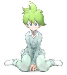  1boy 3: blue_eyes blush green_hair looking_at_viewer male_focus mitsuru_(pokemon) okitsugu pokemon pokemon_(game) pokemon_oras sitting solo tears wariza 