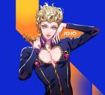  1boy androgynous blonde_hair blue_background blue_eyes blue_jacket braid closed_mouth commentary copyright_name curly_hair eyelashes fabulous giorno_giovanna heart_cutout highres jacket jojo_no_kimyou_na_bouken jojo_pose long_hair long_sleeves looking_at_viewer male_focus orange_background pose single_braid solo tenobe two-tone_background upper_body vento_aureo 