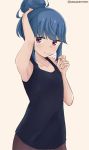  1girl adjusting_hair armpits artist_name bangs blue_hair collarbone eyebrows_visible_through_hair hair_bun mouth_hold pantyhose shima_rin shirt simple_background solo tasora tying_hair violet_eyes yurucamp 