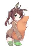  animal_ears bow brown_hair carrot green_eyes hug original runastark sailor_collar stuffed_toy twintails 