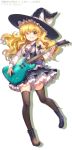  1girl ;d bangs black_hat black_legwear blonde_hair blunt_bangs boots bow capura_lin eyebrows_visible_through_hair floating_hair full_body grin hair_between_eyes hat hat_bow highres holding holding_instrument instrument kirisame_marisa layered_skirt long_hair music one_eye_closed open_mouth playing_instrument shirt simple_background smile solo standing thigh-highs touhou very_long_hair white_background white_bow white_shirt witch_hat yellow_eyes 