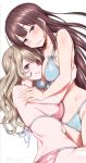  2girls bangs between_breasts bikini blonde_hair blue_bikini blue_ribbon blush breasts brown_eyes brown_hair collarbone commentary_request eyebrows_visible_through_hair hair_tie hand_on_another&#039;s_shoulder head_between_breasts highres hug inu_(aerodog) large_breasts long_hair looking_at_viewer multiple_girls original parted_lips ribbon shiny shiny_skin simple_background swimsuit violet_eyes wavy_hair white_background 