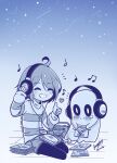  1girl album_cover bangs black_pants blue_background blue_sky blush cd_case closed_eyes closed_mouth cover frisk_(undertale) ghost greyscale headphones heart highres holding holding_cd long_sleeves monochrome musical_note napstablook on_floor pants sandragh short_hair sitting sky smile star_(sky) stereo striped striped_sweater sweater tears thumbs_up undertale 