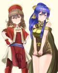  2girls bare_shoulders blue_eyes blue_hair blush bow bracelet breastplate brown_eyes brown_hair cape cosplay costume_switch dress dyute_(fire_emblem) dyute_(fire_emblem)_(cosplay) fang fire_emblem fire_emblem:_fuuin_no_tsurugi fire_emblem_echoes:_mou_hitori_no_eiyuuou fire_emblem_heroes hair_bow hands_on_hips hat highres hirotaka_(hrtk990203) jewelry lilina lilina_(cosplay) long_hair multiple_girls ponytail simple_background white_background 