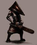  1boy blood blood_stain bloody_clothes brown_footwear chainsaw commentary_request full_body gia gloves grey_background holding legs_apart male_focus pants pyramid_head shirtless shoes signature silent_hill simple_background solo standing 