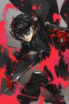  1boy amamiya_ren black_clothes black_hair black_pants brown_eyes gloves grey_background highres holding holding_knife knife long_hair male_focus mask pants parted_lips persona persona_5 red_gloves smile solo spiky_hair 