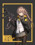  1girl ahd armband bangs black_gloves brown_eyes brown_hair covered_mouth eyebrows_visible_through_hair finger_to_mouth fingerless_gloves girls_frontline gloves gun h&amp;k_ump h&amp;k_ump45 hair_between_eyes hair_ornament heckler_&amp;_koch highres holding holding_gun holding_weapon hood hood_down hooded_jacket index_finger_raised jacket long_hair looking_at_viewer multiple_girls one_side_up pantyhose pleated_skirt pouch scar scar_across_eye shirt shushing sidelocks signature skirt smile submachine_gun thigh_strap trigger_discipline ump45_(girls_frontline) weapon white_shirt yellow_eyes 