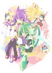  3boys armor black_footwear blonde_hair blue_headband blush boots carrying cat cat_ear_headphones closed_eyes commentary gloves goggles green_eyes green_hair green_pants grey_coat headband headgear headphones highres male_focus multiple_boys multiple_persona musical_note pants purple_hair purple_shirt red_ribbon rento_(rukeai) ribbon running saikyou_ginga_ultimate_zero_~battle_spirits~ shirt spiky_hair star starry_background sweatdrop violet_eyes white_gloves white_pants zero_the_flash zero_the_glint zero_the_hurricane 