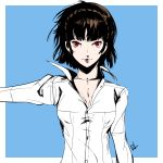 1girl blue_background breasts brown_hair cleavage collarbone dh_(brink_of_memories) dress_shirt highres looking_at_viewer medium_breasts niijima_makoto outstretched_arm persona persona_5 red_eyes shirt short_hair sketch smile solo upper_body white_shirt 