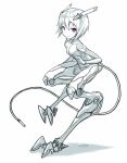  1girl bodysuit breasts closed_mouth commentary_request cyborg dated gia greyscale headgear looking_at_viewer mechanical_legs monochrome original pink_eyes short_hair signature simple_background small_breasts smile solo spot_color standing standing_on_one_leg tail white_background 