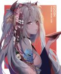  1girl alternate_costume antenna_hair azur_lane bangs blush breasts character_name closed_mouth cup eyebrows_visible_through_hair flower from_side hair_between_eyes hair_flower hair_ornament hango highres holding holding_cup japanese_clothes kimono large_breasts long_hair looking_at_viewer multicolored_hair prinz_eugen_(azur_lane) redhead sideboob sidelocks silver_hair smile solo streaked_hair two_side_up very_long_hair 