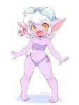  1girl :d artist_name bikini blush commentary eyebrows_visible_through_hair flat_chest full_body goggles goggles_on_head highres league_of_legends nestkeeper open_mouth pointy_ears purple_bikini purple_skin short_hair side-tie_bikini smile solo standing swimsuit tristana yellow_eyes 