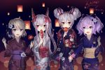  4girls :d ayanami_(azur_lane) azur_lane bangs blue_bow blue_kimono blush bow brown_kimono candy_apple commentary_request dated double_bun eyebrows_visible_through_hair fang floral_print food green_eyes grey_kimono hair_between_eyes hair_bow hand_holding hand_up hands_up headgear highres holding holding_food japanese_clothes javelin_(azur_lane) kimono laffey_(azur_lane) light_brown_hair long_hair long_sleeves looking_at_viewer multiple_girls obi open_mouth ponytail print_kimono purple_hair purple_kimono red_bow red_eyes rl_ka_qui sash side_bun sidelocks signature silver_hair smile very_long_hair violet_eyes wide_sleeves z23_(azur_lane) 