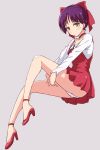  1girl ankle_ribbon blush bow choker collarbone dress frown gegege_no_kitarou grey_background hair_bow high_heels invisible_chair jewelry legs long_sleeves looking_at_viewer mel_(melty_pot) nekomusume nekomusume_(gegege_no_kitarou_6) panties pendant pointy_ears purple_hair red_dress ribbon shirt short_hair simple_background sitting slit_pupils solo underwear white_panties white_shirt yellow_eyes 