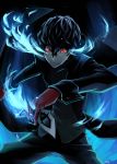  1boy amamiya_ren bangs black_clothes black_hair black_pants gelze gloves hair_between_eyes holding holding_mask male_focus mask pants persona persona_5 red_eyes red_gloves solo 