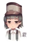  1girl arare_(kantai_collection) bangs black_hair brown_eyes character_name commentary english_commentary expressionless hat highres jacy kantai_collection short_hair solo suspenders upper_body 