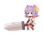  1girl :i armor asymmetrical_legwear bangs bikini_armor black_legwear brown_eyes chibi cosplay dragon_quest dragon_quest_iii gauntlets hair_intakes heavy horns huge_weapon idolmaster idolmaster_cinderella_girls koshimizu_sachiko leg_armor moru_(monaka) parody purple_hair short_hair shoulder_armor simple_background soldier_(dq3) soldier_(dq3)_(cosplay) solo squatting sweat sword thigh-highs weapon white_background 