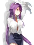  1girl animal_ears arm_up between_breasts blue_skirt commentary_request cowboy_shot eyebrows_visible_through_hair hand_behind_head highres kasuka_(kusuki) long_hair long_sleeves necktie pencil_skirt purple_hair rabbit_ears red_eyes red_neckwear reisen_udongein_inaba shadow shirt sidelocks simple_background skirt solo standing touhou very_long_hair white_background white_shirt wing_collar 