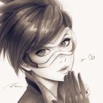  1girl bangs eyelashes freckles gloves goggles greyscale hand_to_own_mouth hand_up head_tilt heart lips looking_at_viewer monochrome overwatch parted_lips portrait short_hair signature simple_background solo swept_bangs tracer_(overwatch) umigraphics white_background 