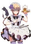  1girl alcohol androgynous apron arm_up bangs beer beer_mug black_bow black_cat black_dress black_neckwear black_ribbon blush bow bowtie brown_eyes brown_hair cake cat character_request closed_mouth commentary_request cowboy_shot cupcake dress eyebrows_visible_through_hair fang floating_hair flower foam food garter_straps garters hair_between_eyes hair_bobbles hair_flower hair_ornament hair_ribbon hand_up heart highres holding holding_tray index_finger_raised long_hair looking_down lucky_(1045044604) maid maid_headdress ponytail purple_flower ribbon short_sleeves simple_background smile standing star thigh-highs tray white_apron white_background white_legwear wrist_cuffs 