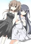  2girls absurdres bare_shoulders black_dress black_eyes black_hair breasts brown_eyes brown_hair closed_mouth commentary_request cross cross_necklace dress eyebrows_visible_through_hair hair_between_eyes highres jewelry long_hair looking_at_viewer medium_breasts minami_(kiminitokimeki) multiple_girls necklace original ponytail sleeveless very_long_hair white_dress 