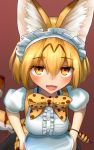  1girl :d alternate_costume animal_ears blonde_hair bow breasts breasts_on_tray center_frills commentary_request enmaided eyebrows_visible_through_hair eyes_visible_through_hair hair_between_eyes highres kemono_friends looking_at_viewer maid maid_headdress medium_breasts open_mouth orange_eyes print_bow puffy_short_sleeves puffy_sleeves serval_(kemono_friends) serval_ears serval_print serval_tail short_hair short_sleeves signature simple_background smile solo tail tray welt_(kinsei_koutenkyoku) 