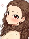  1girl beige_shirt blurry blush brown_hair curly_hair depth_of_field flower frown idolmaster idolmaster_cinderella_girls long_hair looking_at_viewer omaru_gyuunyuu red_eyes seki_hiromi simple_background solo white_background 